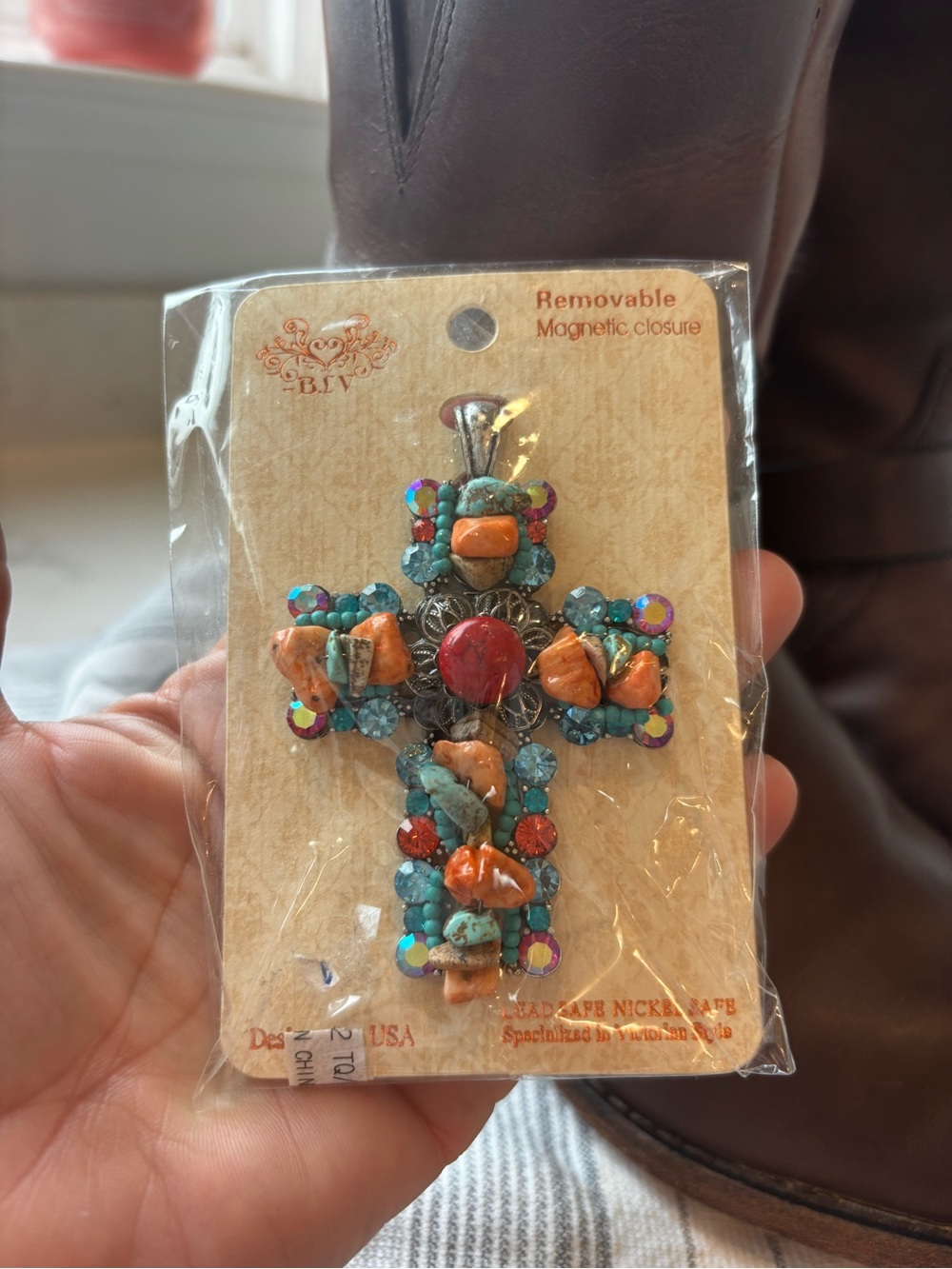 Beaded Turquoise & Orange Cross Pendant - Magnetic Closure